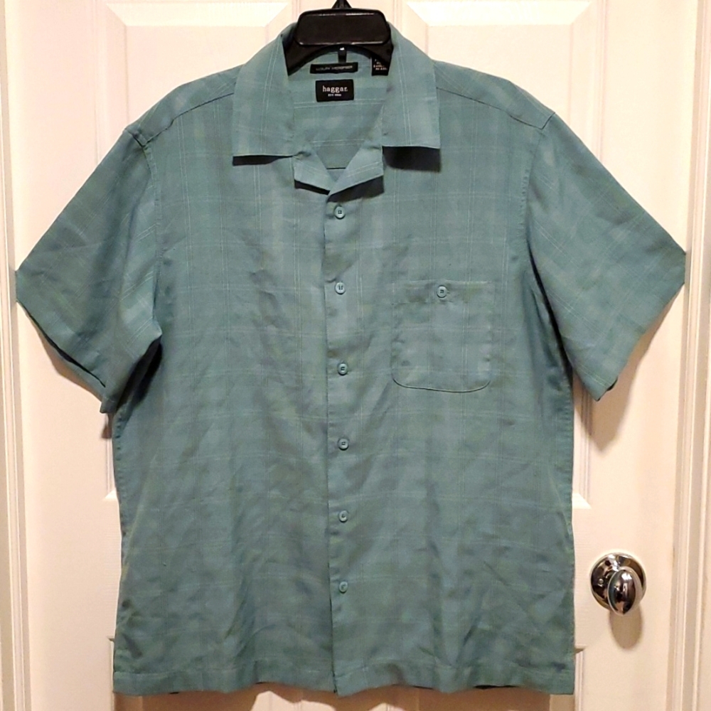 Haggar Luxury Microfiber Men's Green Plaid Button Down Short Sleeve Shirt- Large - Picture 1 of 7